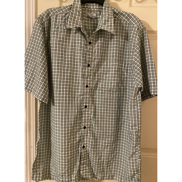 VTG No Fear Men's L Button Up Short Sleeve Front Pocket Shirt Plaid Green White - Picture 1 of 10
